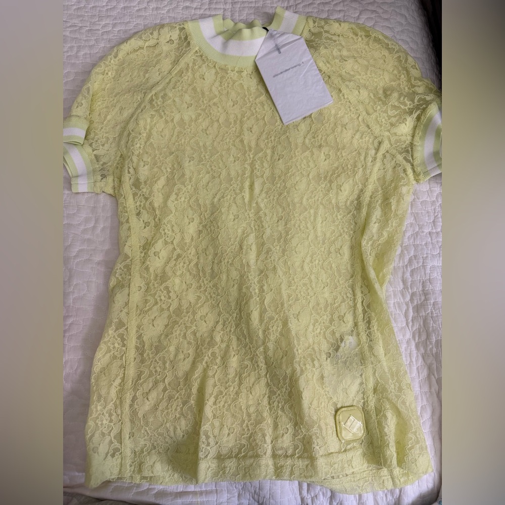 Alexander wang lime neon lace top with rib neck detail